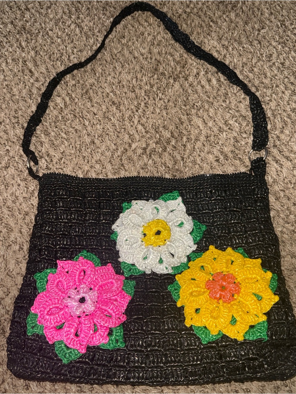 Black Crochet Shoulder Bag with Pink, White & Yellow Floral Accents